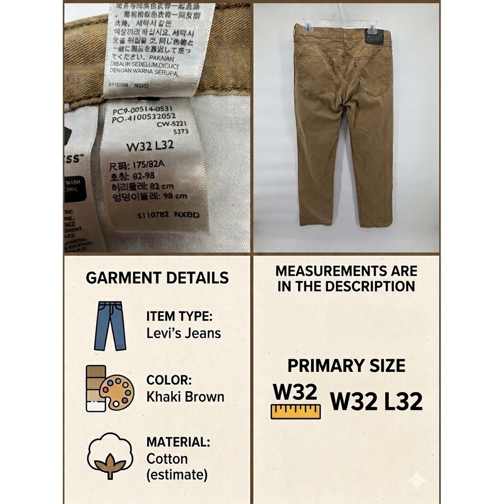 Levi's 514 Straight Fit Jeans Mens 32x31 Khaki Brown Twill‎ Denim 00514-0531